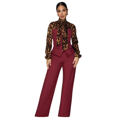 Women's leopard print collar shirt set