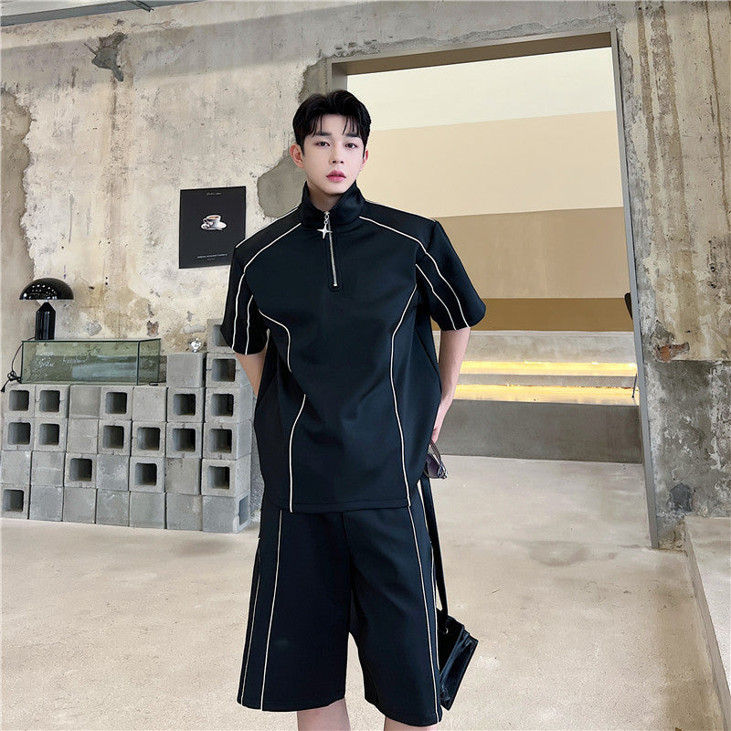Loose half zipper niche shorts two-piece set
