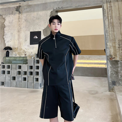 Loose half zipper niche shorts two-piece set