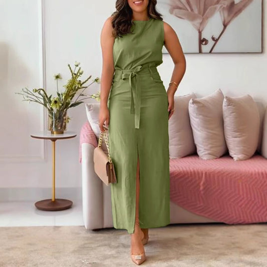 Sleeveless Top + Front Slit Skirt with Waist Tie Design Set