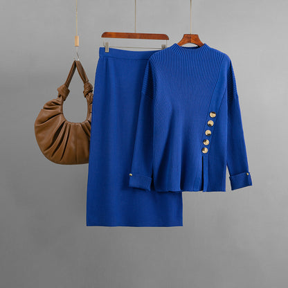 Side slit button decoration sweater half skirt two-piece set