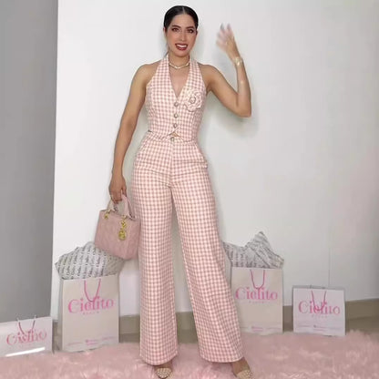 Top two-piece wide leg pants retro checkered pink set