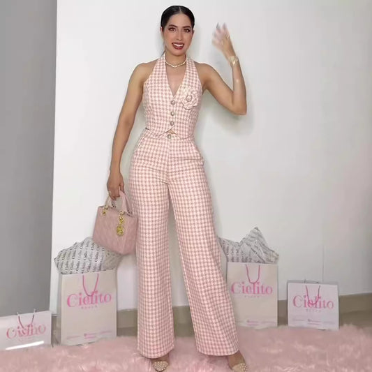 Top two-piece wide leg pants retro checkered pink set