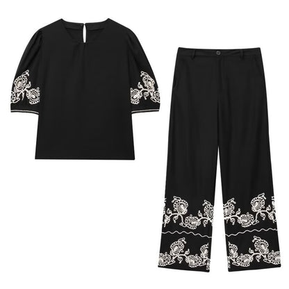 Women's Linen Blend Embroidered Top + Embroidered Wide-leg Pants Set