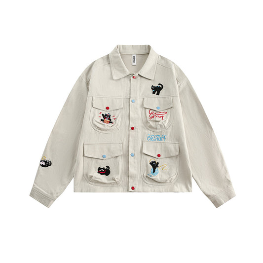Cartoon cat embroidered multi pocket workwear jacket