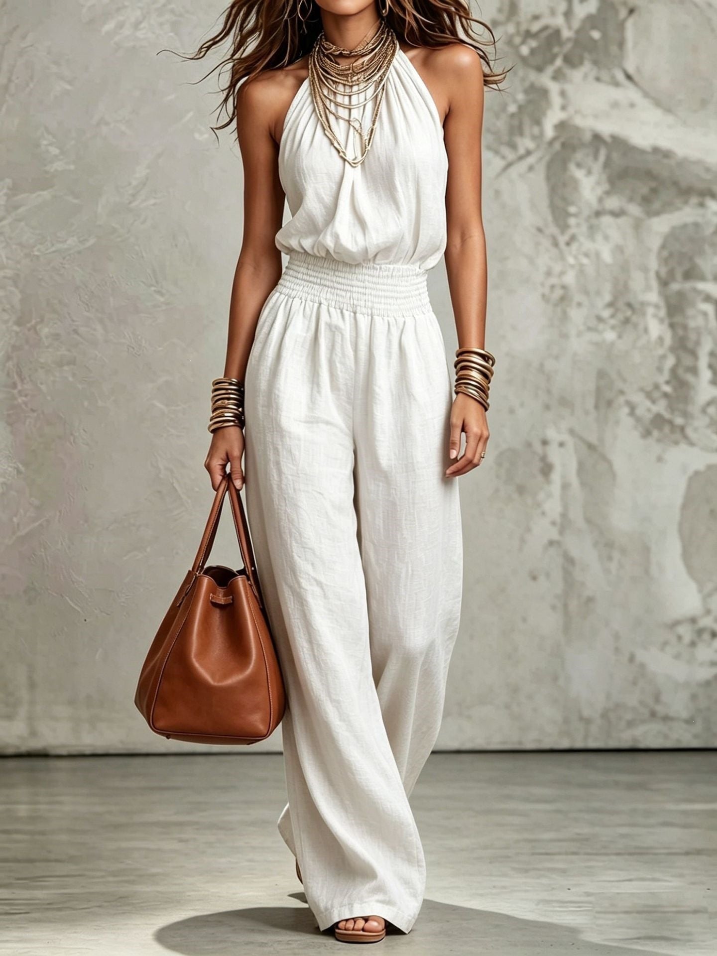 Sleeveless Backless Waist-Tie Halter Wide-Leg Jumpsuit for Women