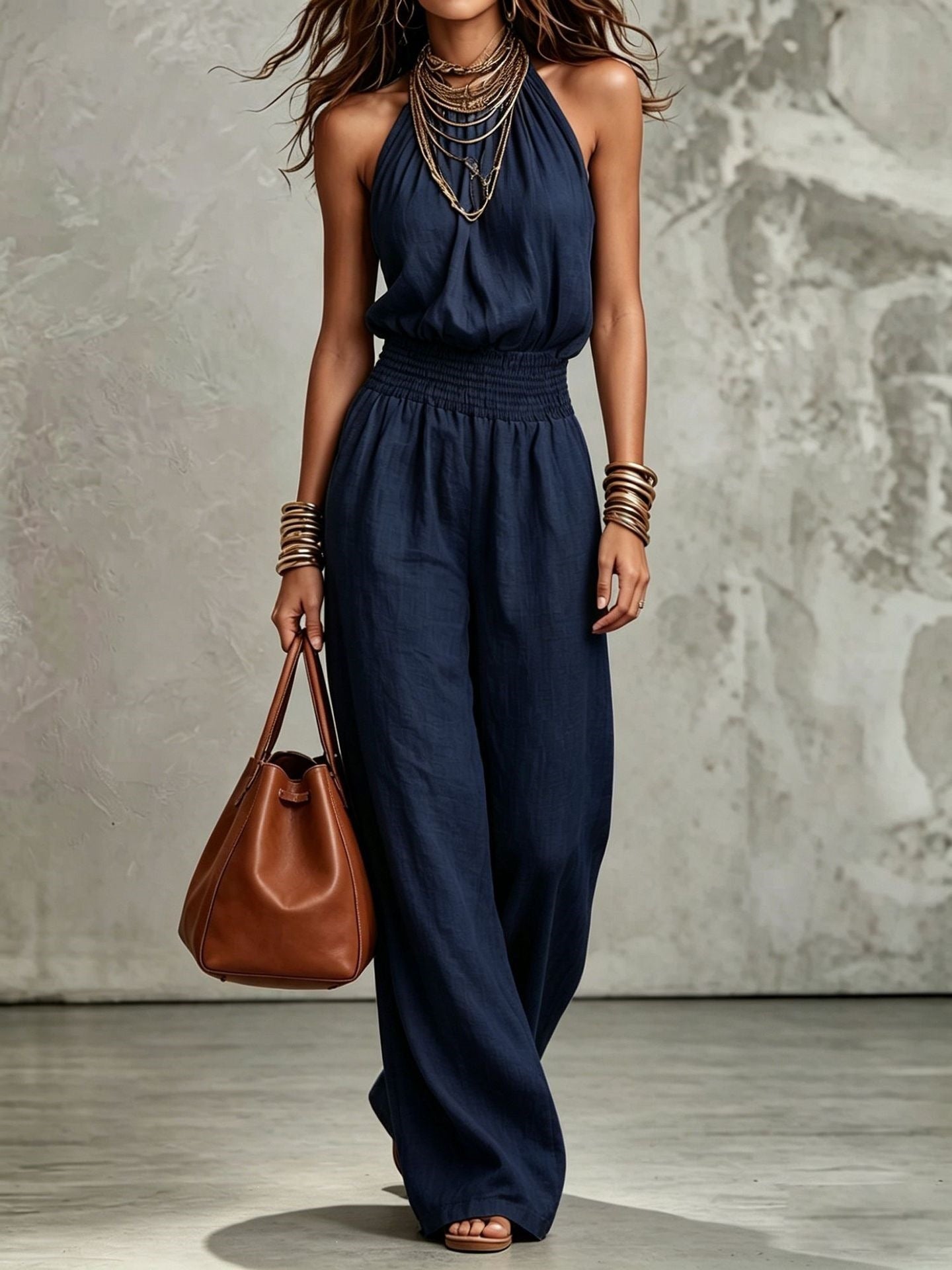 Sleeveless Backless Waist-Tie Halter Wide-Leg Jumpsuit for Women