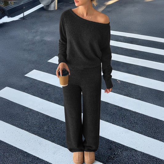 Casual Woolen Diagonal Collar Long Sleeve Pants Set for Women