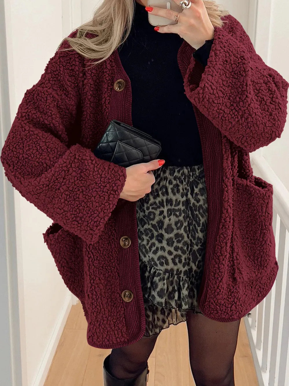 Winter coat long sleeved button down plush lambskin jacket jacket