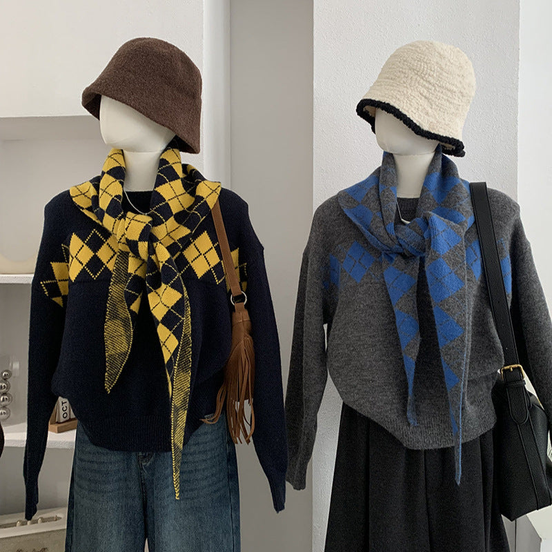 Style Vintage Plaid Shawl Knit Set Women's Lazy Style Top
