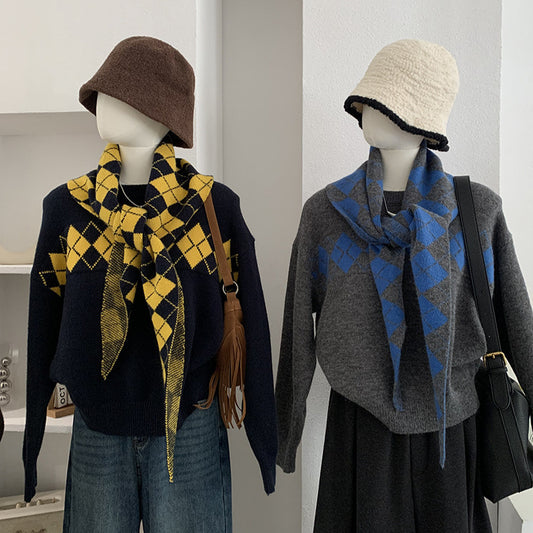 Style Vintage Plaid Shawl Knit Set Women's Lazy Style Top