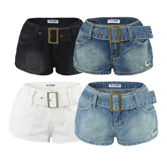 Belt denim shorts
