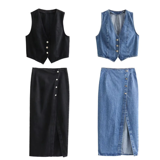 Women's Fashion Short Denim Vest + Double-Breasted Midi Skirt Set