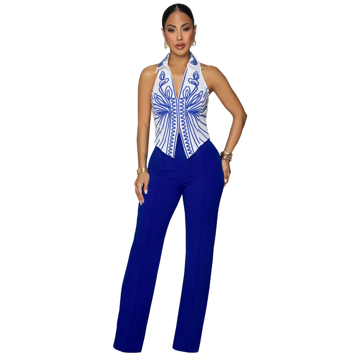 Elegant Printed Top and Long Pants Two-Piece Set for Women