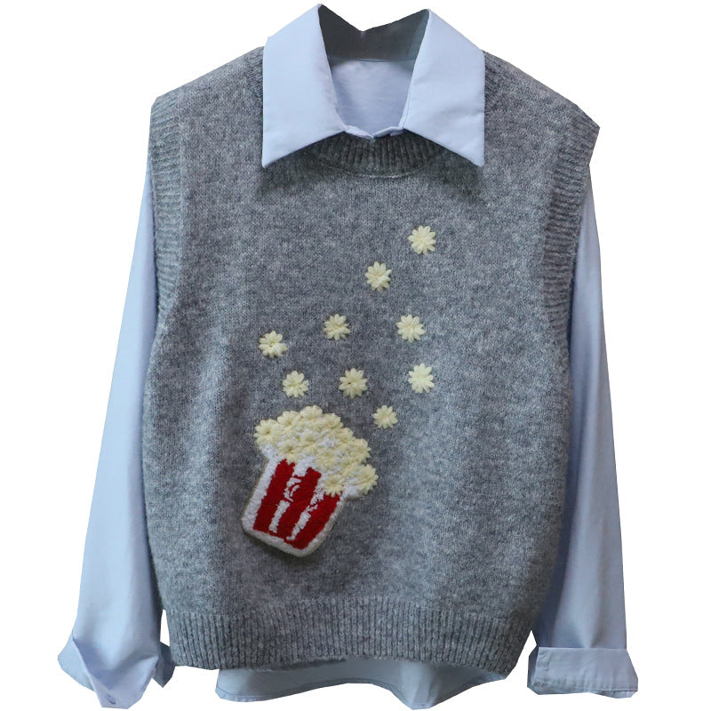 Fashionable Two-Piece Set of Flannel Shirt + Embroidered Knit Vest for Women