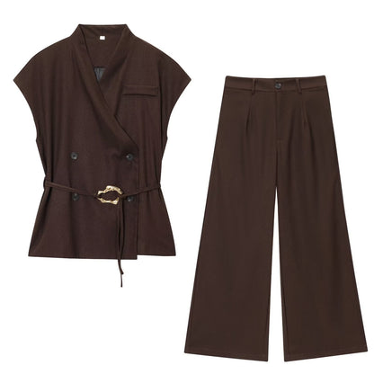 Golden Buckle Decorated Top + Casual Long Pants Set for Women