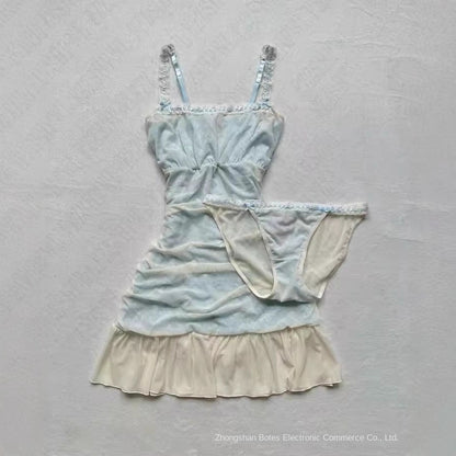Spliced Lace Summer Waist-cinching Slimming Strapless Dress and Panty Set