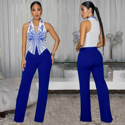 Elegant Printed Top and Long Pants Two-Piece Set for Women