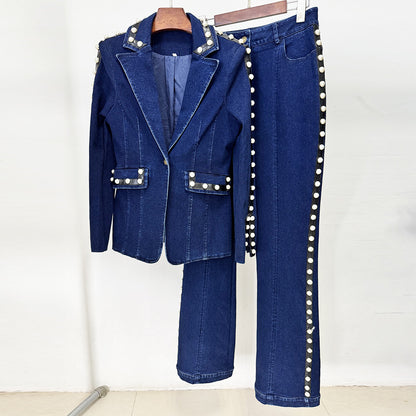 Fashionable Embroidered Washed Denim Jacket and Pants Two-Piece Set