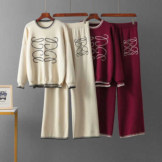 Solid color round neck loose wide leg pants set