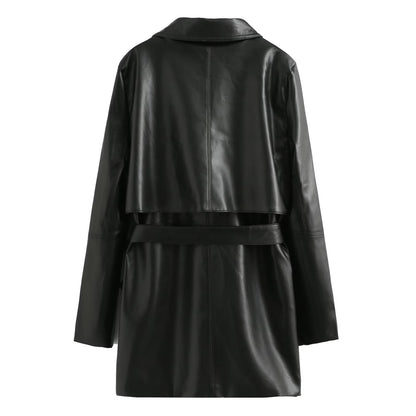 Imitation leather long windbreaker jacket