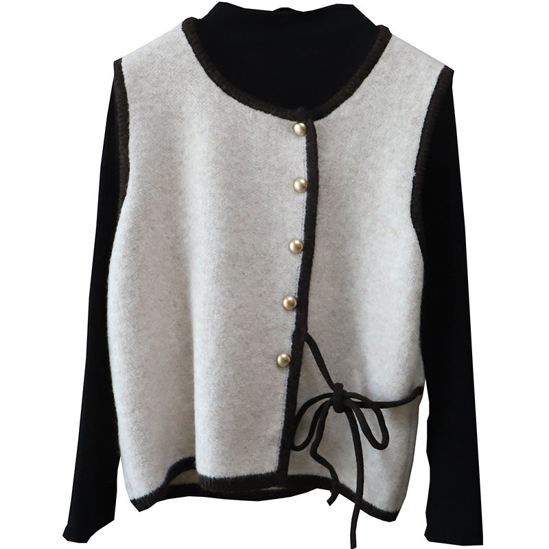High Neck Inner Wear T-Shirt + Knitted Vest Set for Women