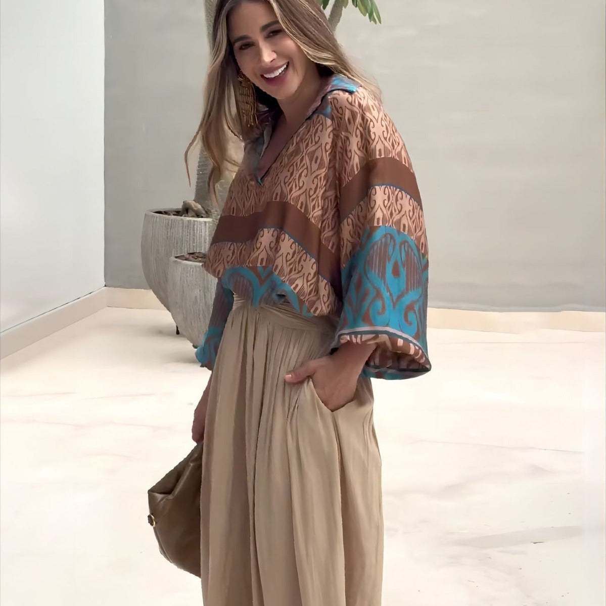 Printed top wide leg pants two-piece set