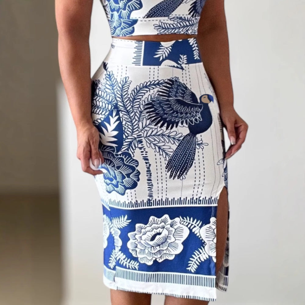 New Trendy Printed Vest Top + Slit Fitted Skirt Set