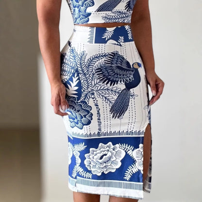 New Trendy Printed Vest Top + Slit Fitted Skirt Set