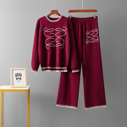 Solid color round neck loose wide leg pants set