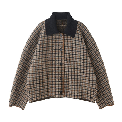 Wool Knit Plaid Set Brown Jacket Mini Skirt Women