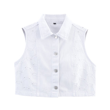 Women's Hollow-out Embroidered Vest Top + Shorts + Long Pants Set