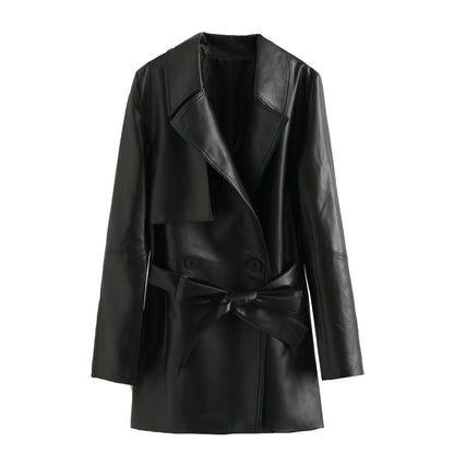 Imitation leather long windbreaker jacket