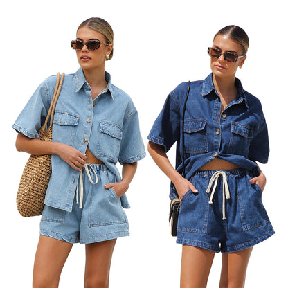 Loose pocket short sleeved shirt shorts denim two-piece set
