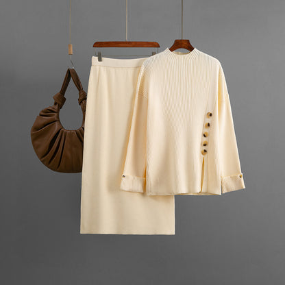 Side slit button decoration sweater half skirt two-piece set
