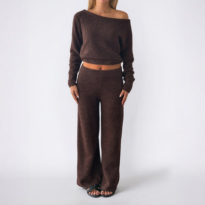 Casual Woolen Diagonal Collar Long Sleeve Pants Set for Women