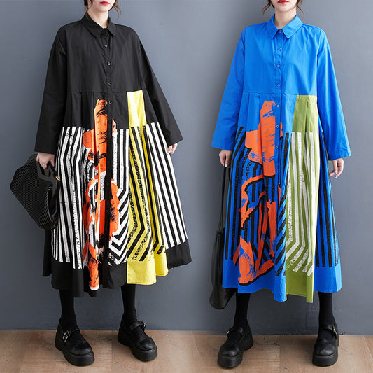 Casual Loose Plus Size Printed Patchwork Sweet Long Sleeve Dress