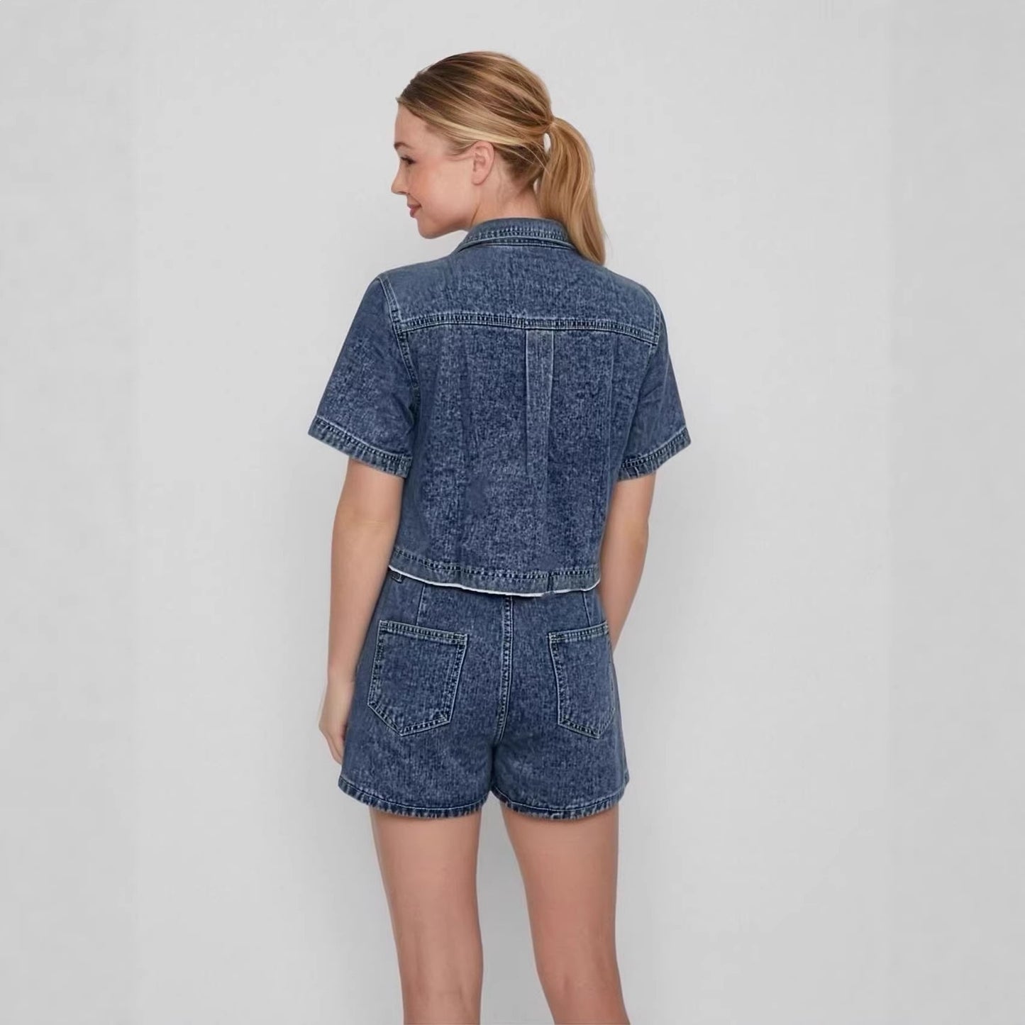Fashionable Slim-Fitting Individualistic Turn-Down Collar Women's Denim Set Summer Casual Wear