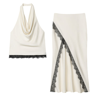 Women's Lace-Trimmed Satin Halter Neck Top + Midi Skirt Set