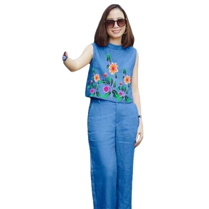 Comfortable Casual Summer Sleeveless Printed Round Neck Top Set for Women