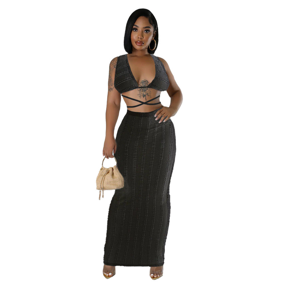 Sleeveless lace up backless skirt set