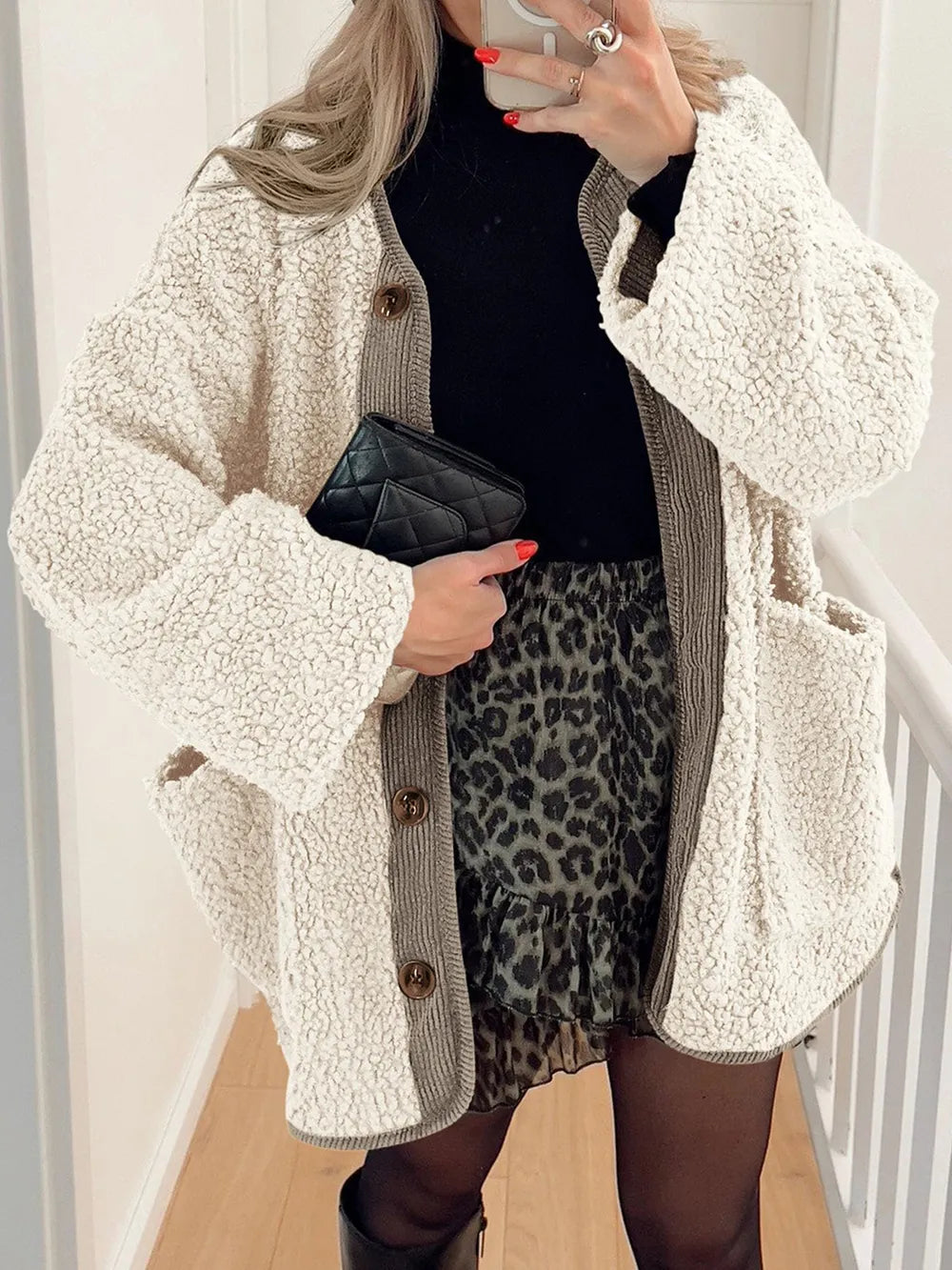 Winter coat long sleeved button down plush lambskin jacket jacket