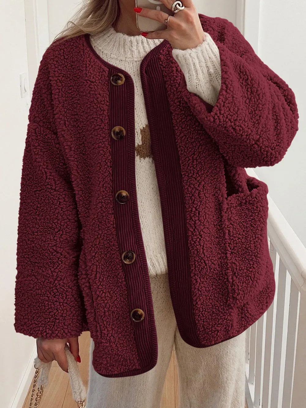 Winter coat long sleeved button down plush lambskin jacket jacket