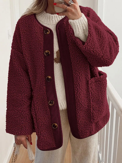 Winter coat long sleeved button down plush lambskin jacket jacket