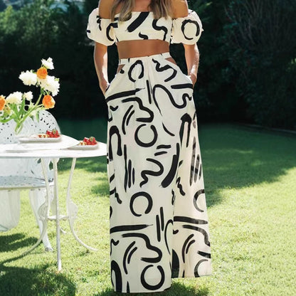 Bubble Sleeve Top Hollow Flare Long Skirt Separated Dress Set