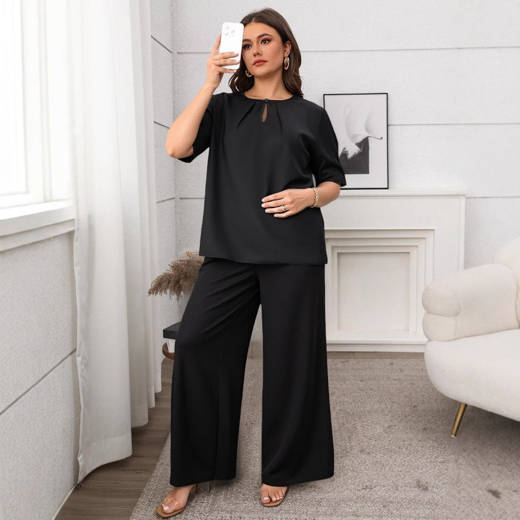 Casual Round Neck Short Sleeve Loose Wide Leg Pants Set