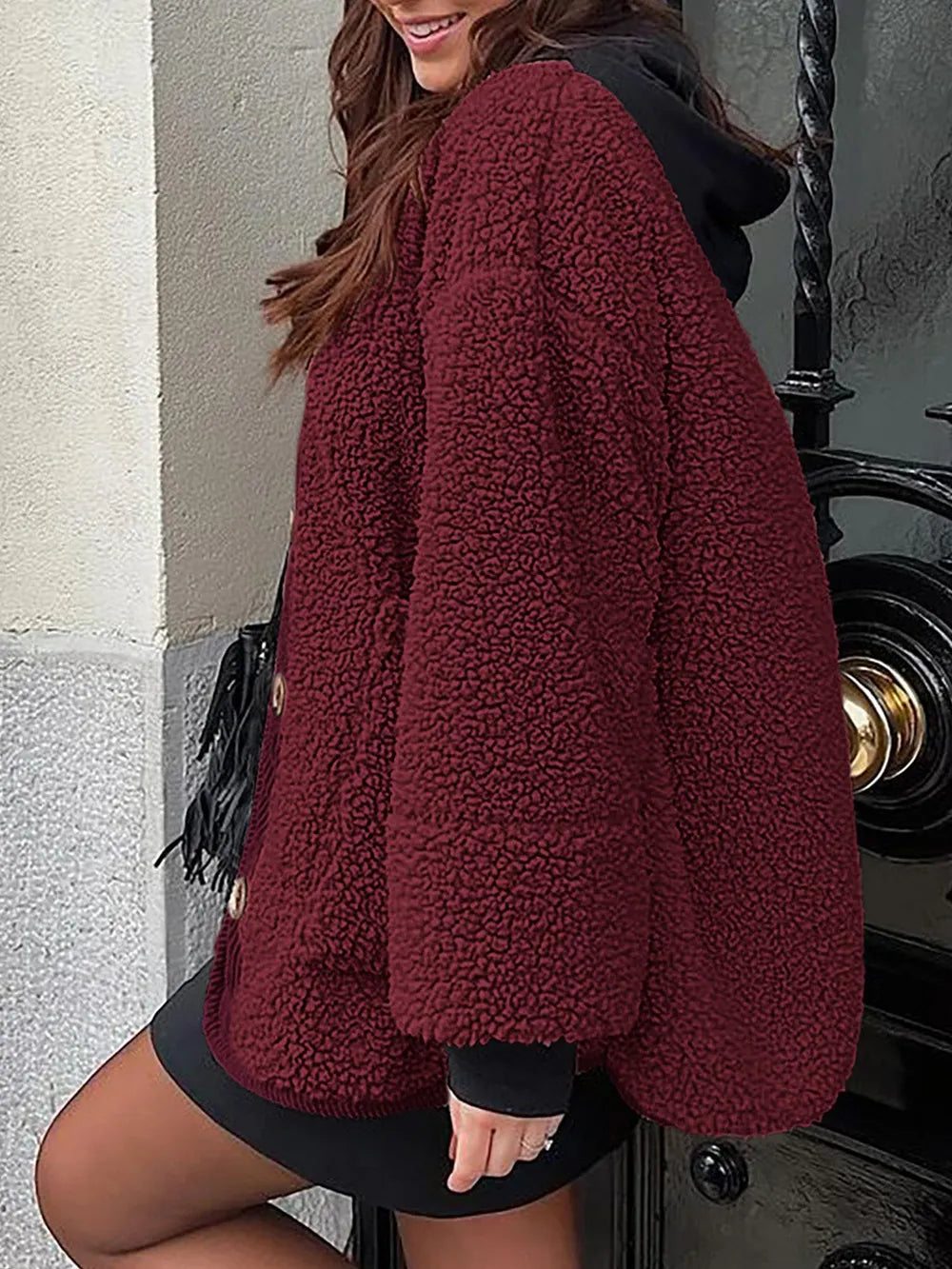 Winter coat long sleeved button down plush lambskin jacket jacket