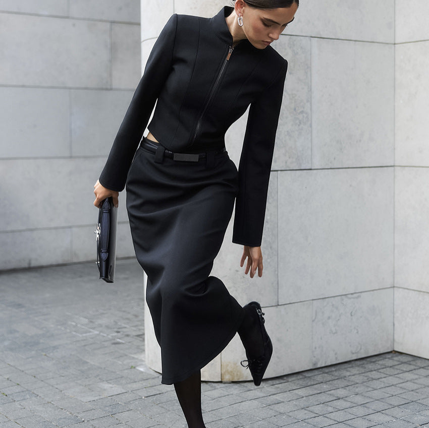 Zipper jacket split straight leg skirt two-piece set for women