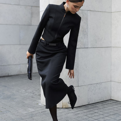 Zipper jacket split straight leg skirt two-piece set for women