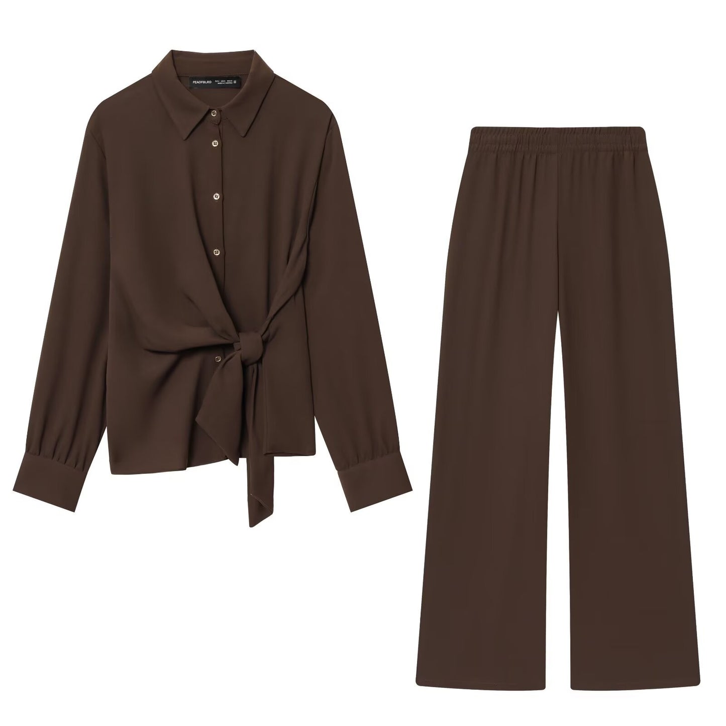 Knot decoration crepe shirt+straight leg pants set